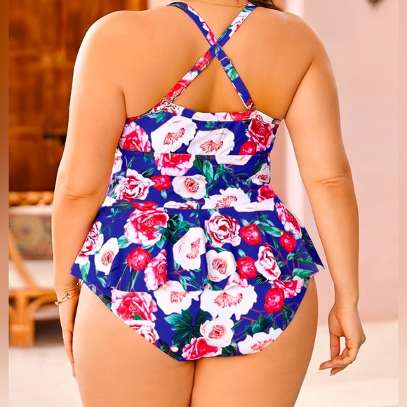 Tutorutor Womens XXL Peplum Bikini Tummy Control Two Piece Floral Retro Swimsuit - Picture 3 of 12
